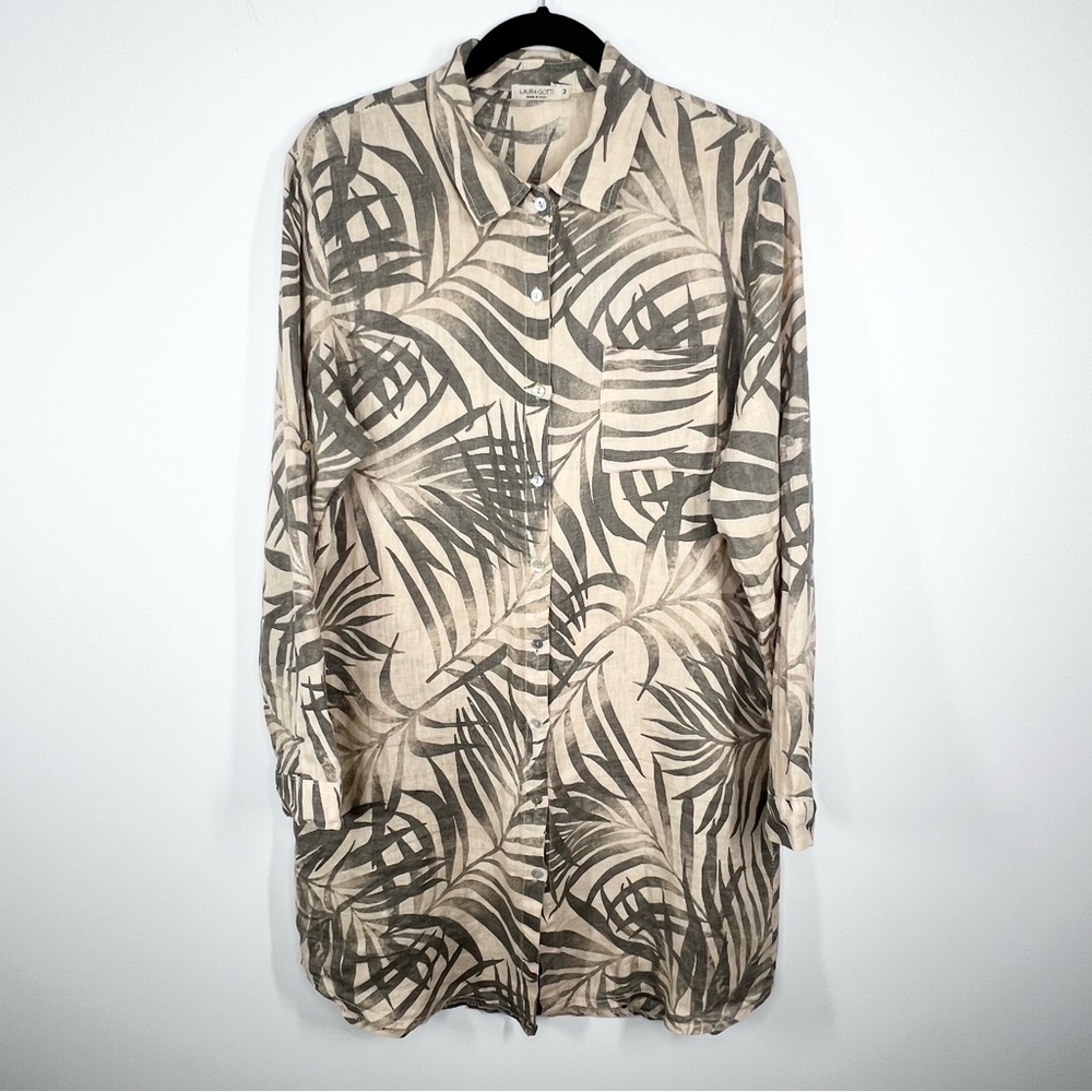 Laura Gotti Linen Shirt Dress Tropical Palm Print Roll Tab Sleeve Medium